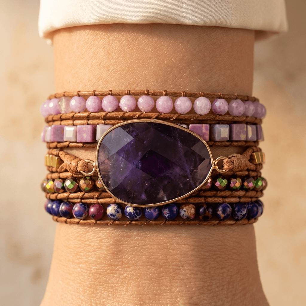 Purple Amethyst Leather Wrap Bracelet
