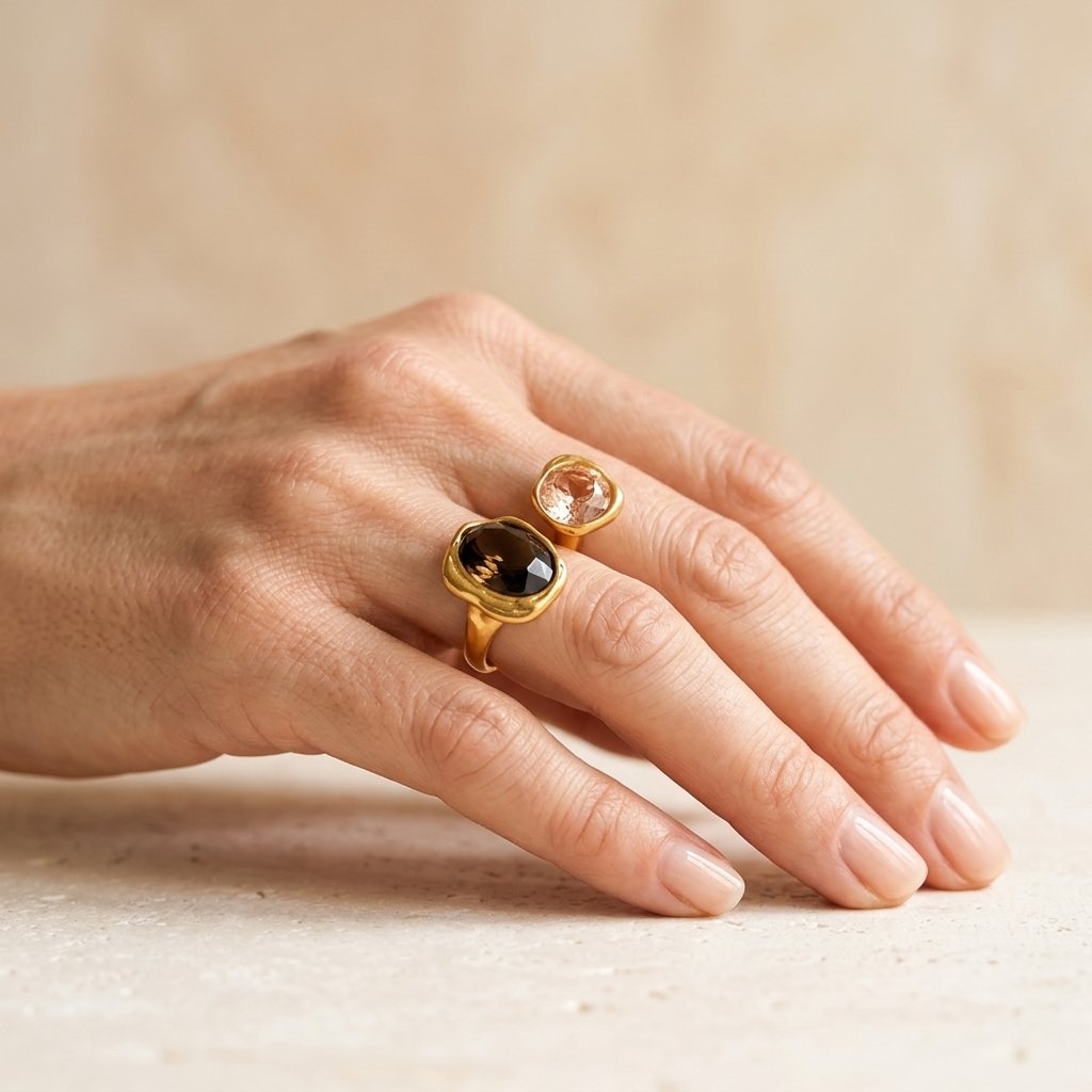 Gold Smoky Quartz Peach Tourmaline Ring