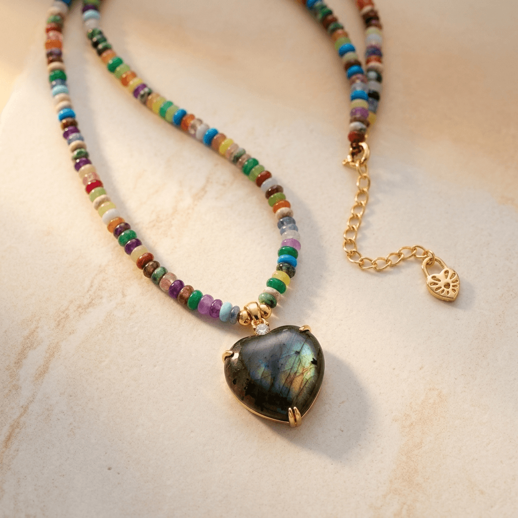 Labradorite Heart Multicolor Beaded Necklace