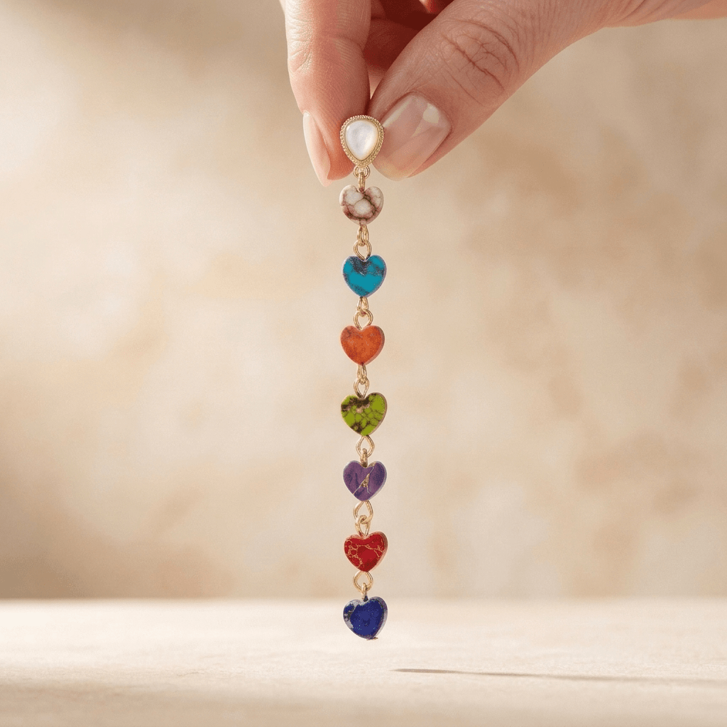 Chakra Rainbow Heart Gold Drop Earrings