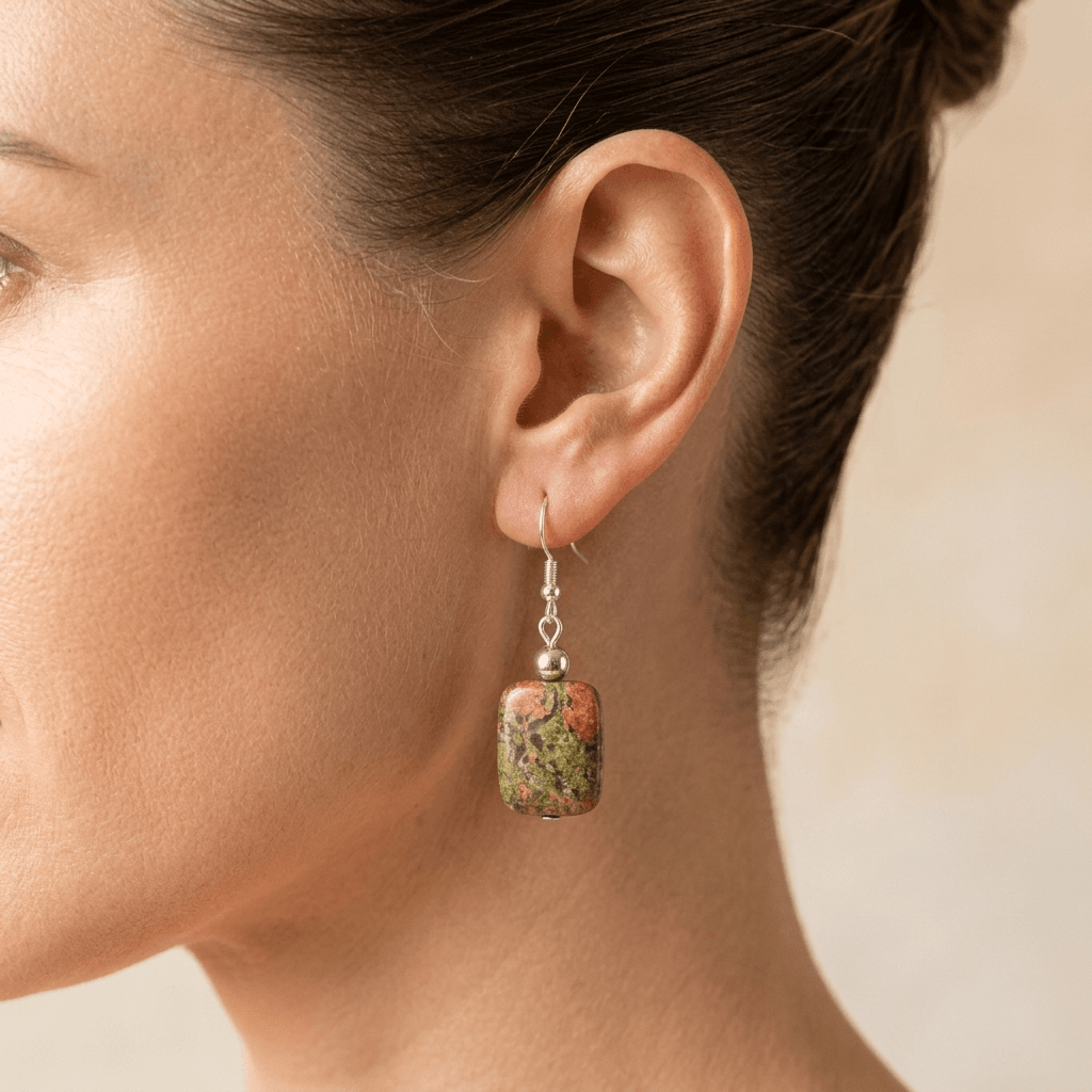 Natural Unakite Silver Square Drop Earrings