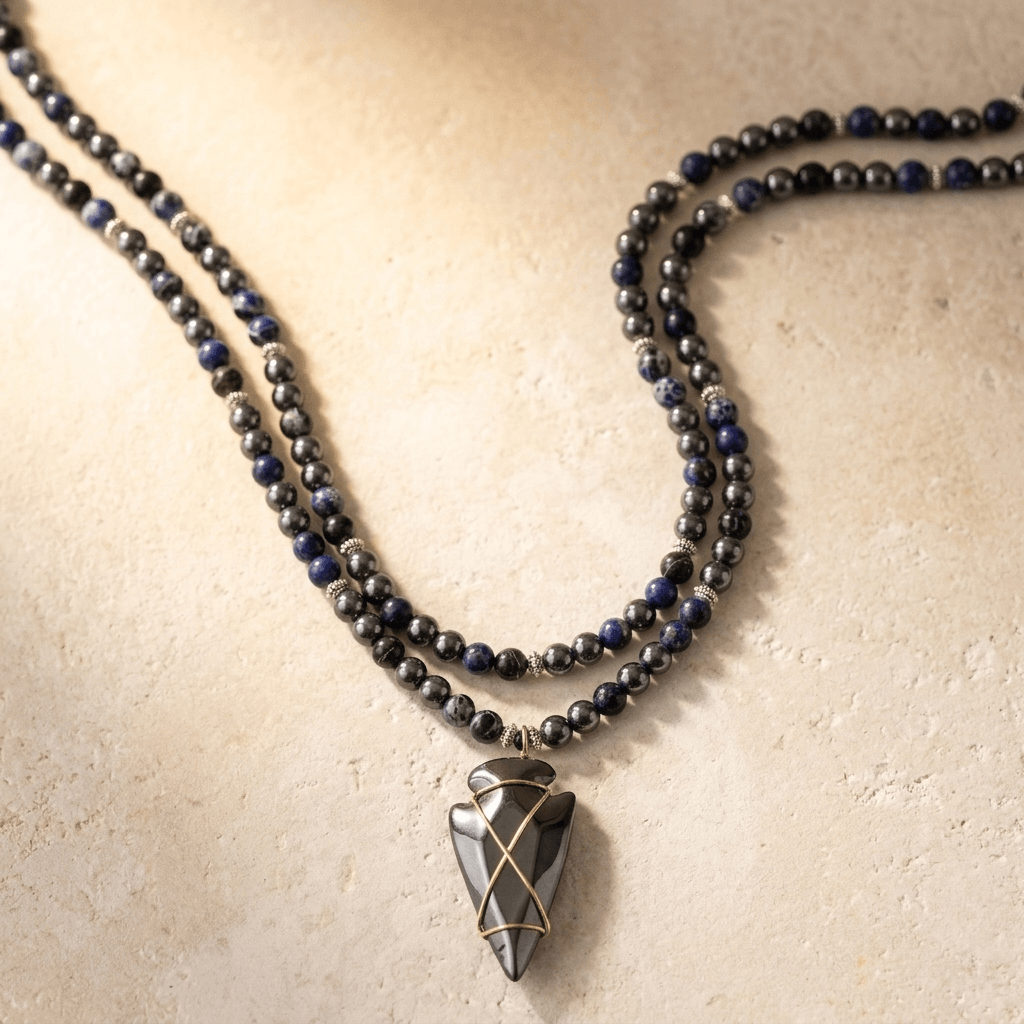 Hematite Blue Jasper Beaded Arrowhead Pendant Necklace