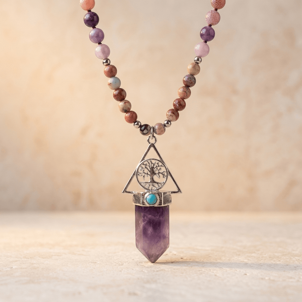 Amethyst Jasper Tree Of Life Bead Necklace