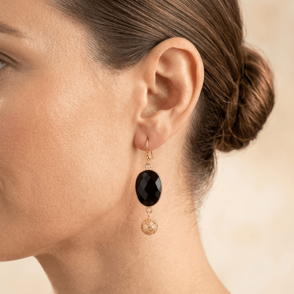 Black Onyx Gold Filigree Ball Drop Earrings