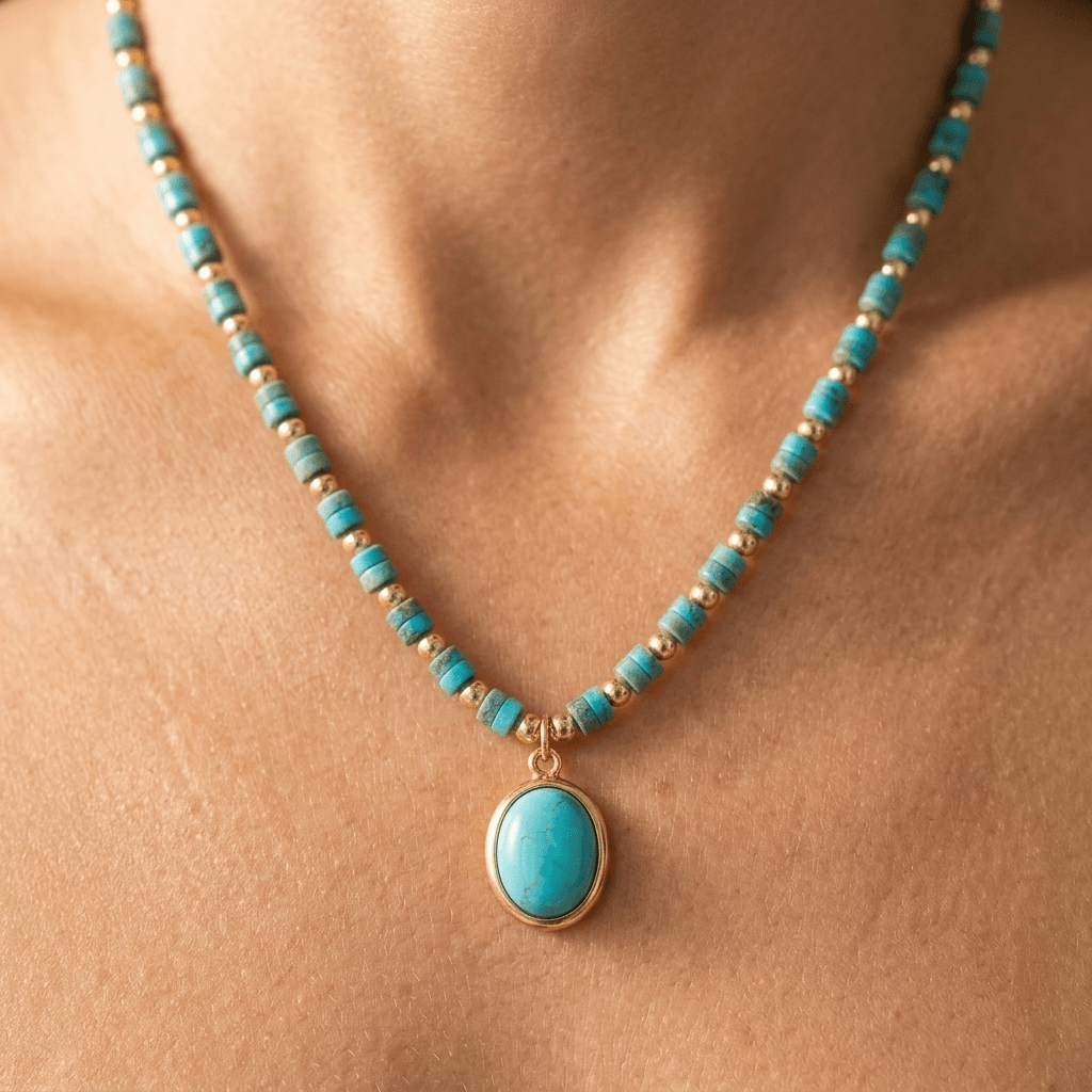 Turquoise Gold Beaded Oval Pendant Necklace
