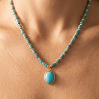Turquoise Gold Beaded Oval Pendant Necklace