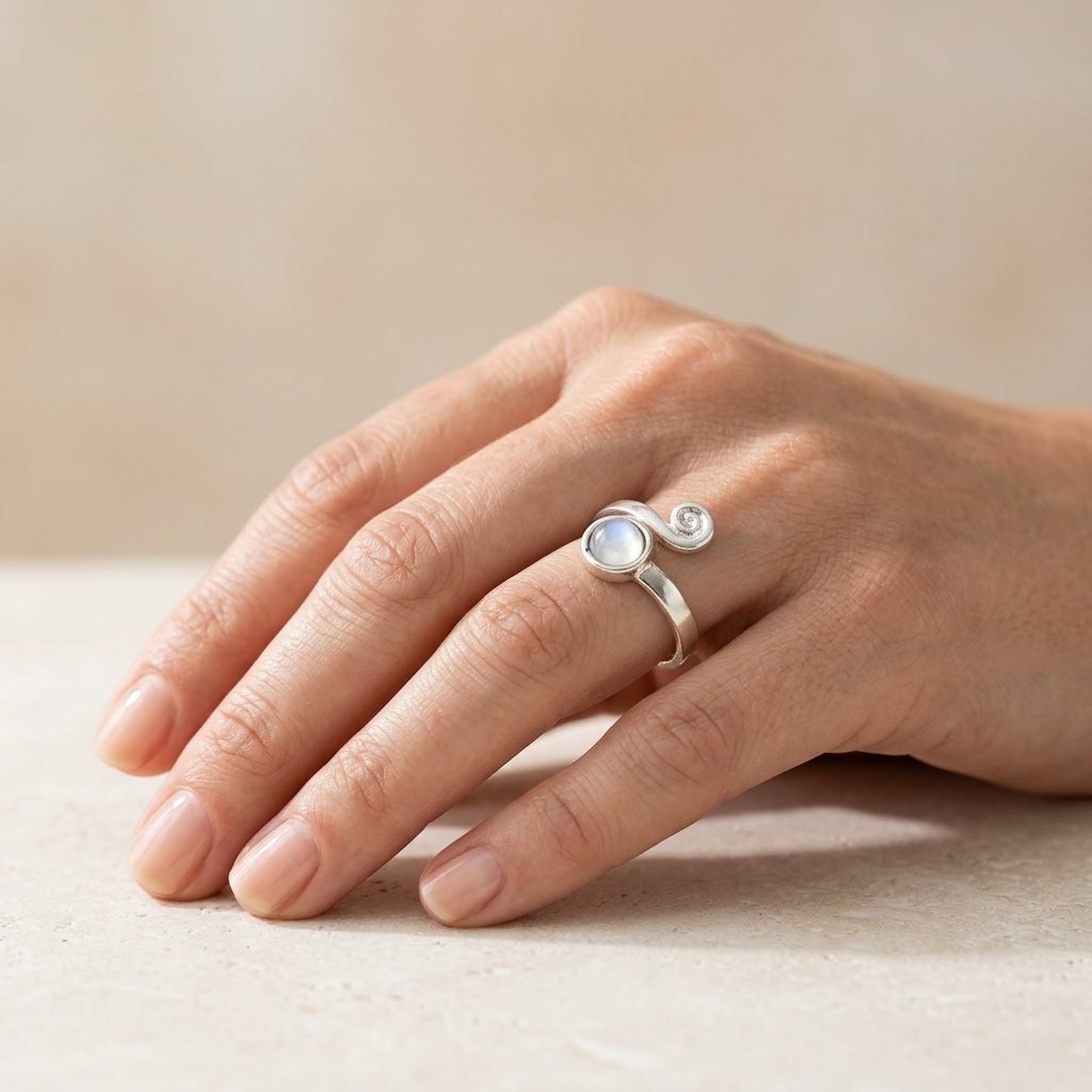 Vintage Silver Spiral Round Moonstone Ring