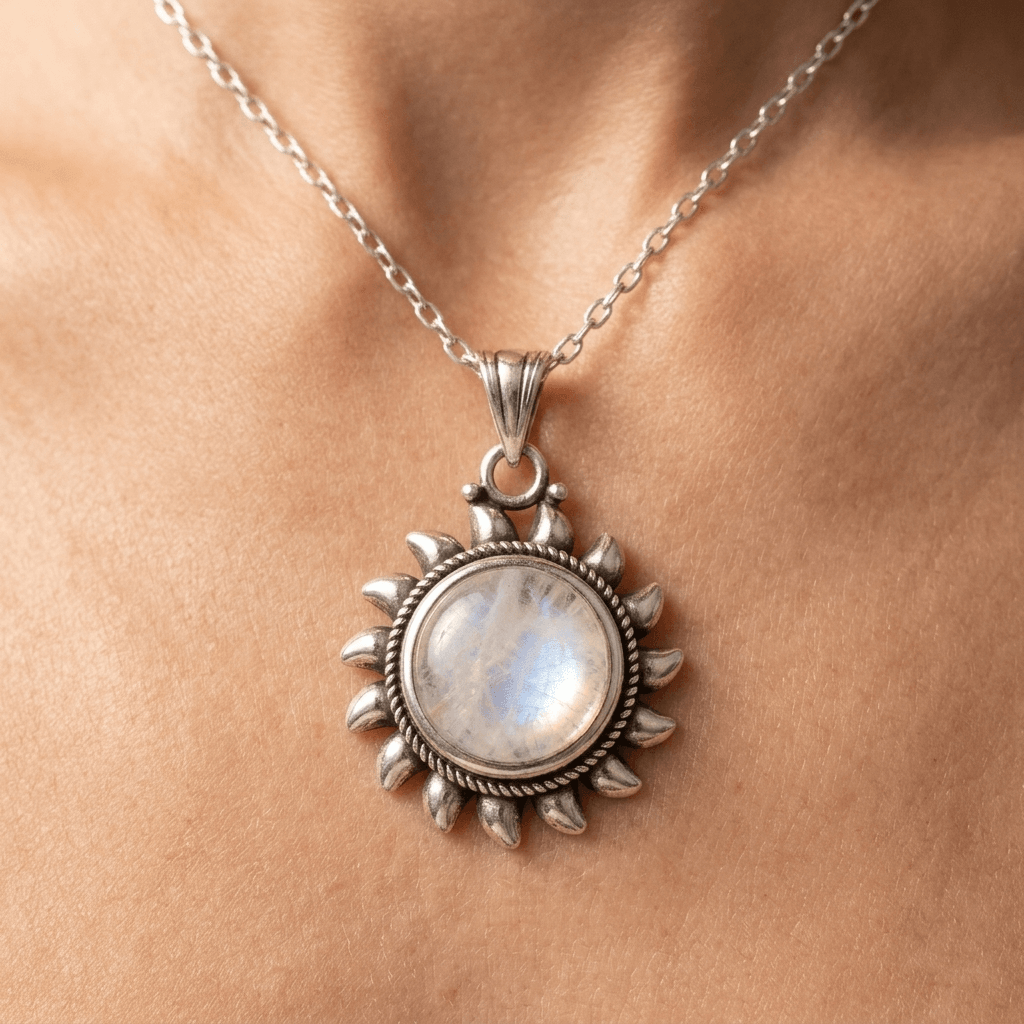Sterling Silver Moonstone Sun Pendant Necklace