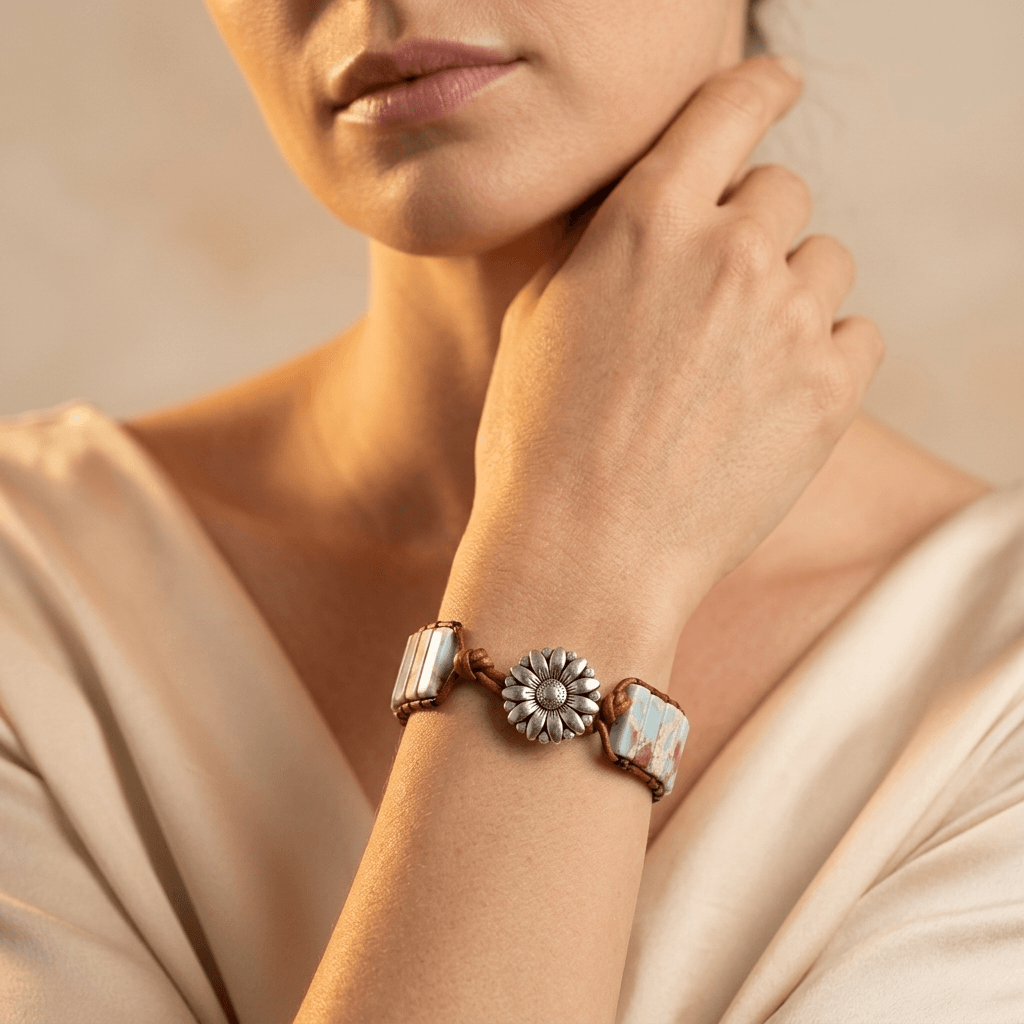 Handmade Blue Stone Silver Flower Leather Wrap Bracelet