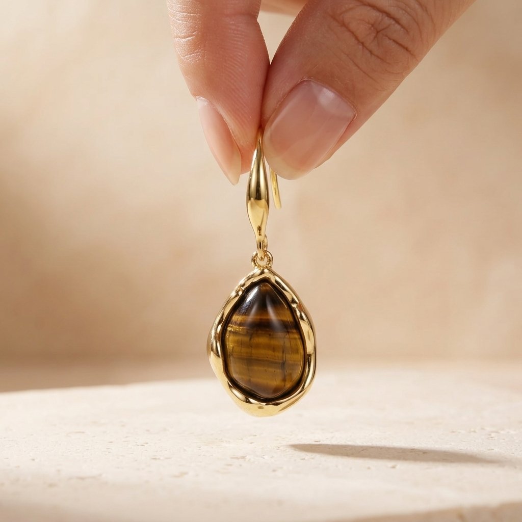 Gold Tigers Eye Teardrop Bezel Earrings
