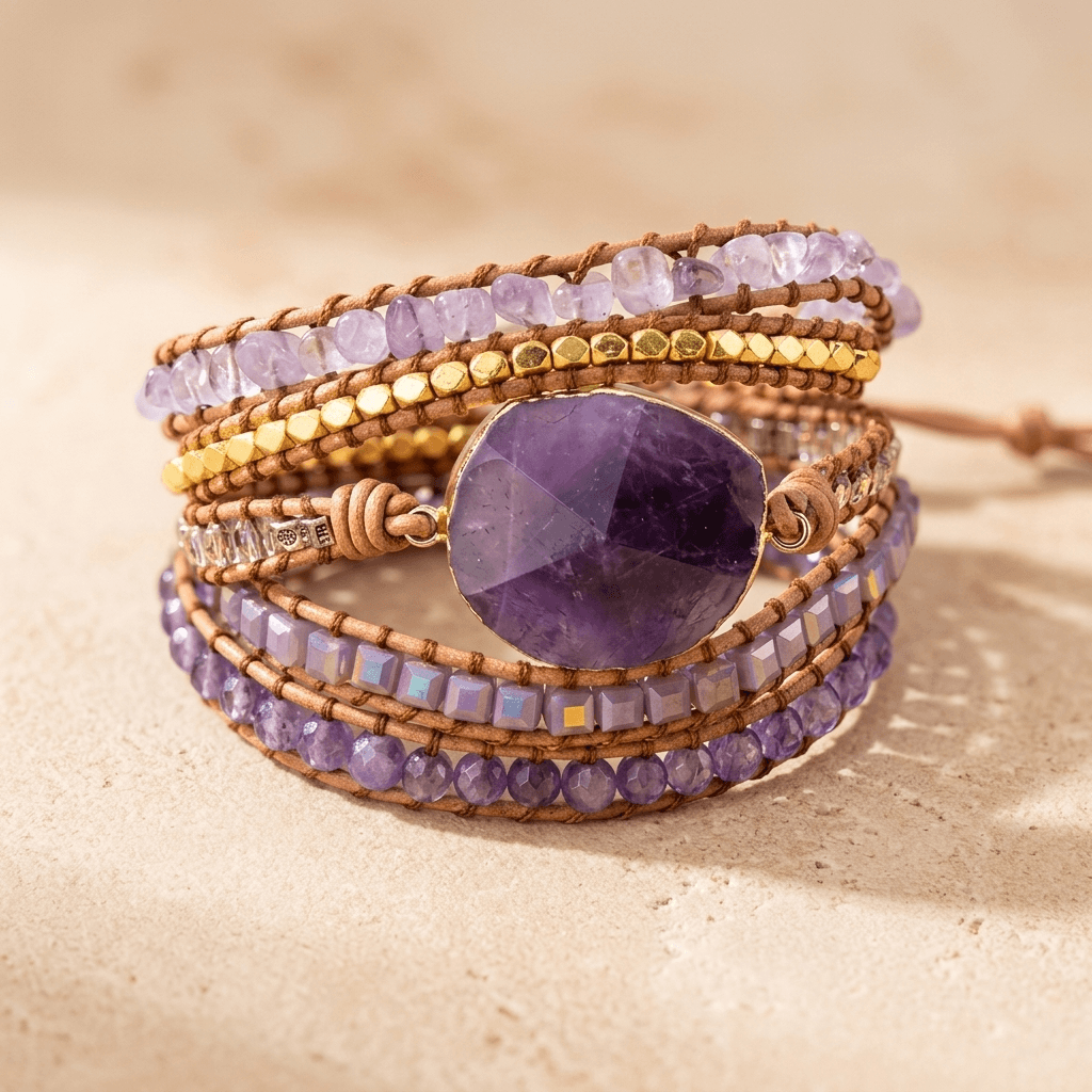 Handmade Amethyst Leather Wrap Bracelet