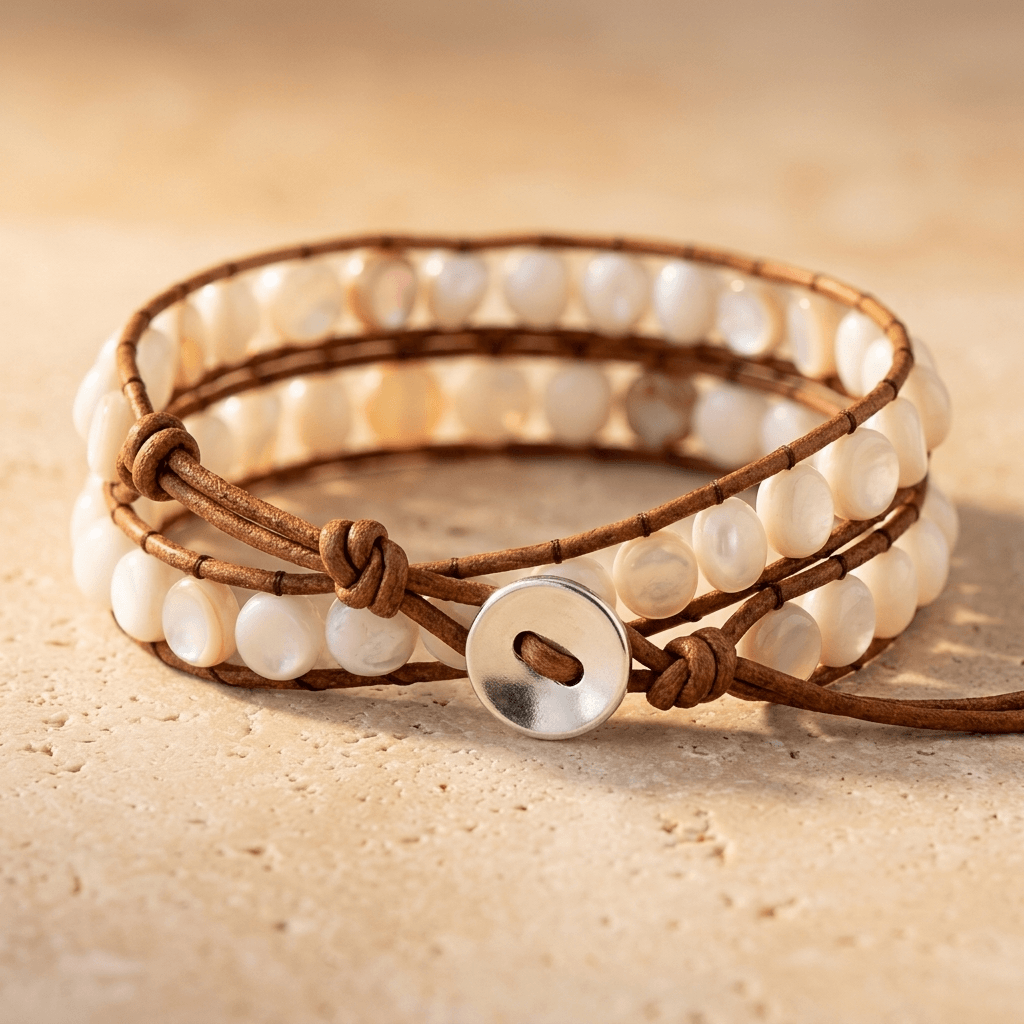 Natural White Shell Beads Brown Leather Wrap Bracelet