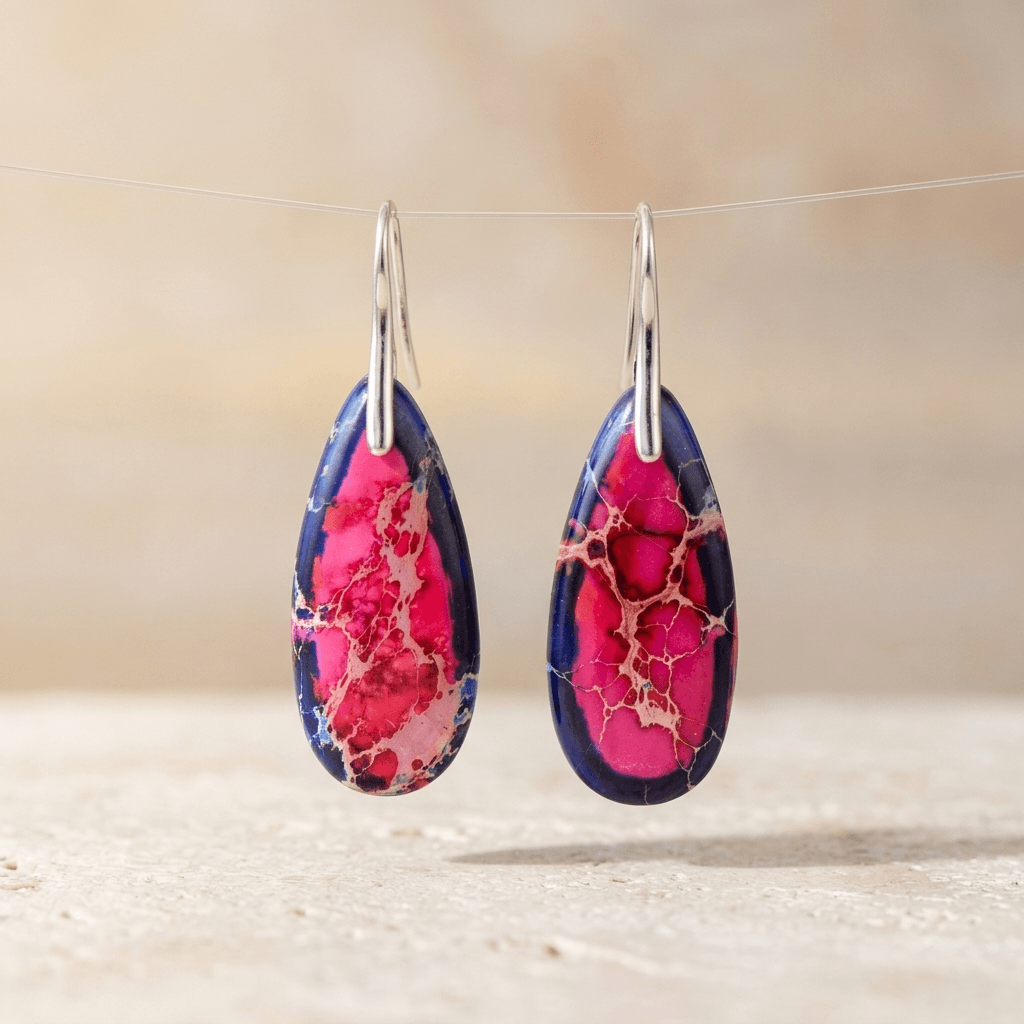 Pink Navy Imperial Jasper Teardrop Silver Earrings