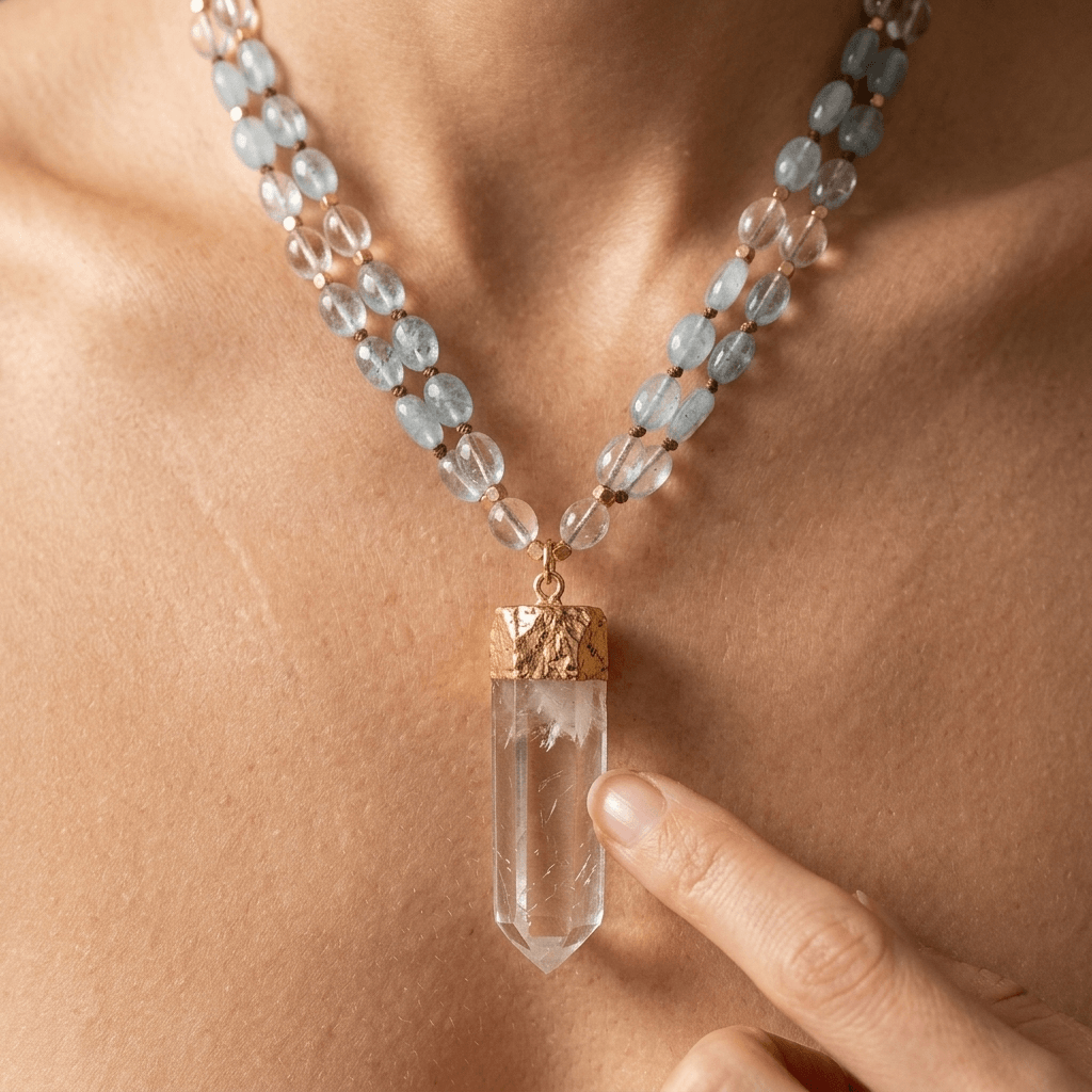 Natural Aquamarine Clear Quartz Point Necklace