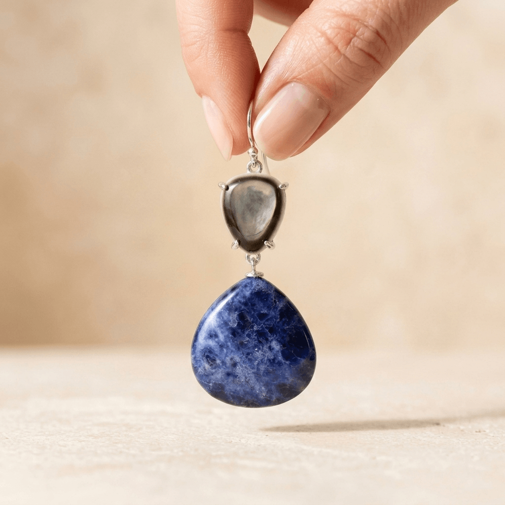 Blue Sodalite Mother Of Pearl Silver Drop Earrings
