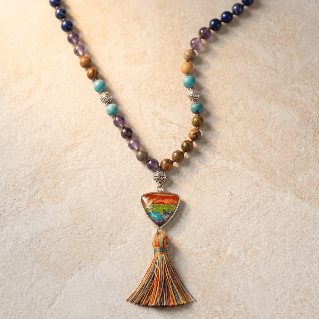 Chakra Gemstone Silver Rainbow Tassel Necklace