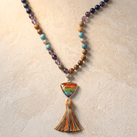 Chakra Gemstone Silver Rainbow Tassel Necklace