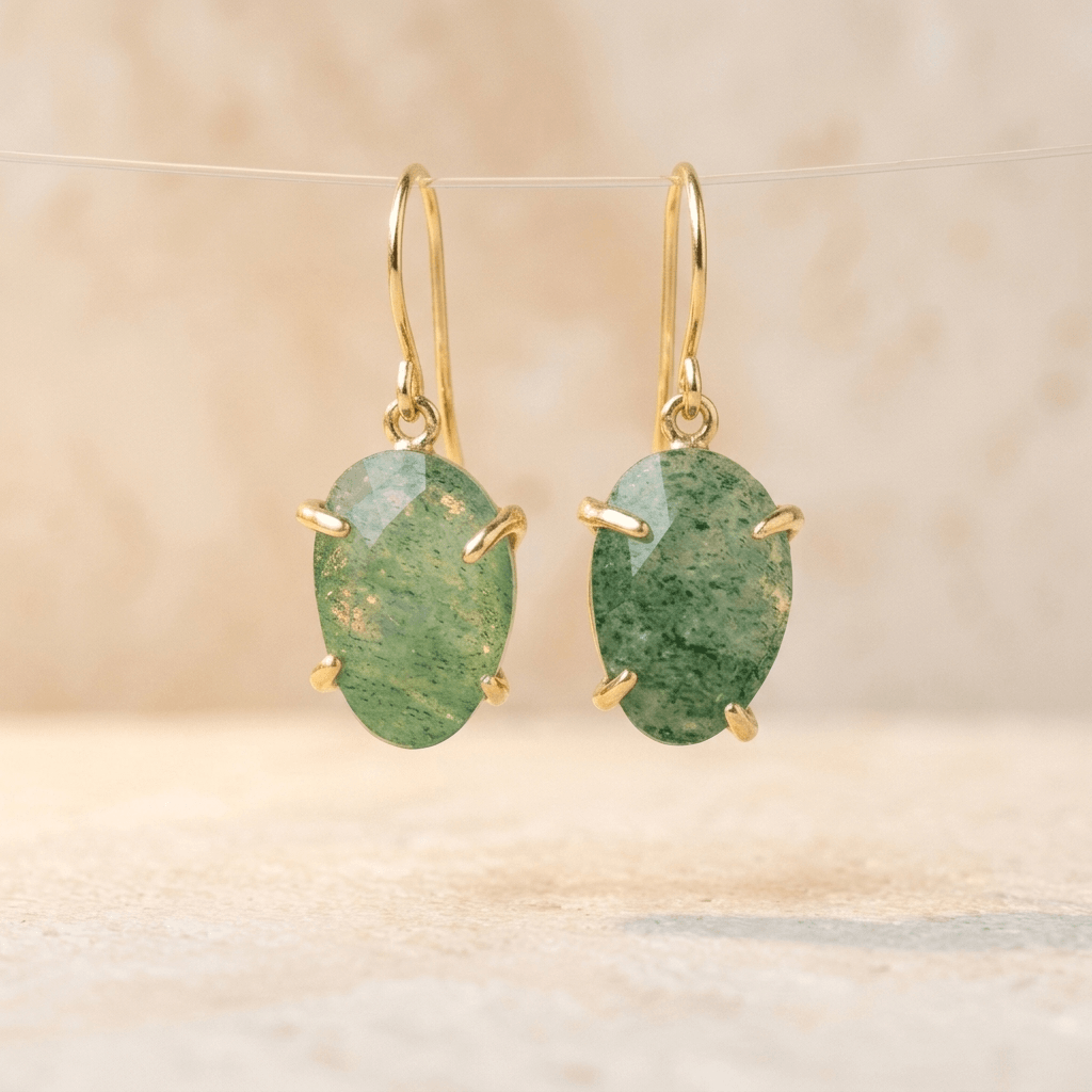 Green Aventurine Gold Oval Stud Earrings
