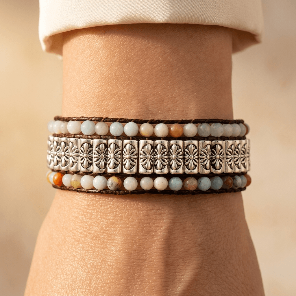 Natural Amazonite Tibetan Silver Bead Wrap Bracelet