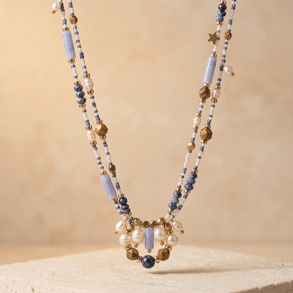 Blue Sodalite Pearl Gold Beaded Necklace
