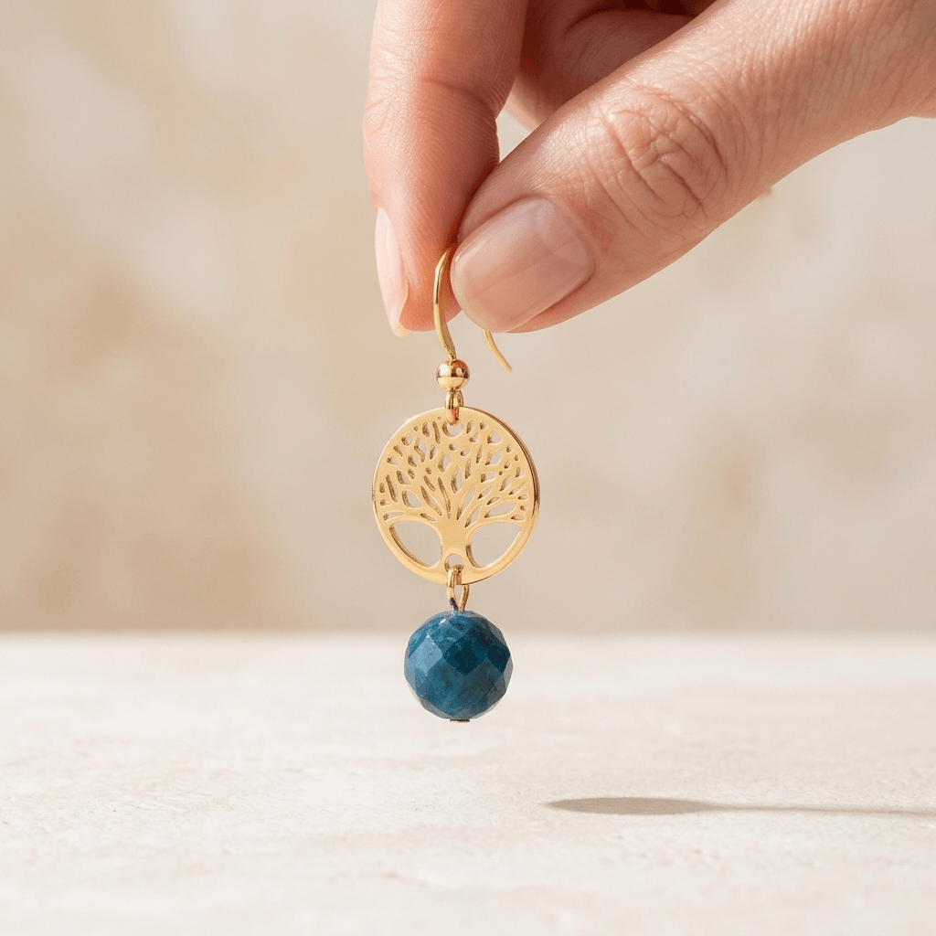 Gold Tree Of Life Blue Apatite Drop Earrings