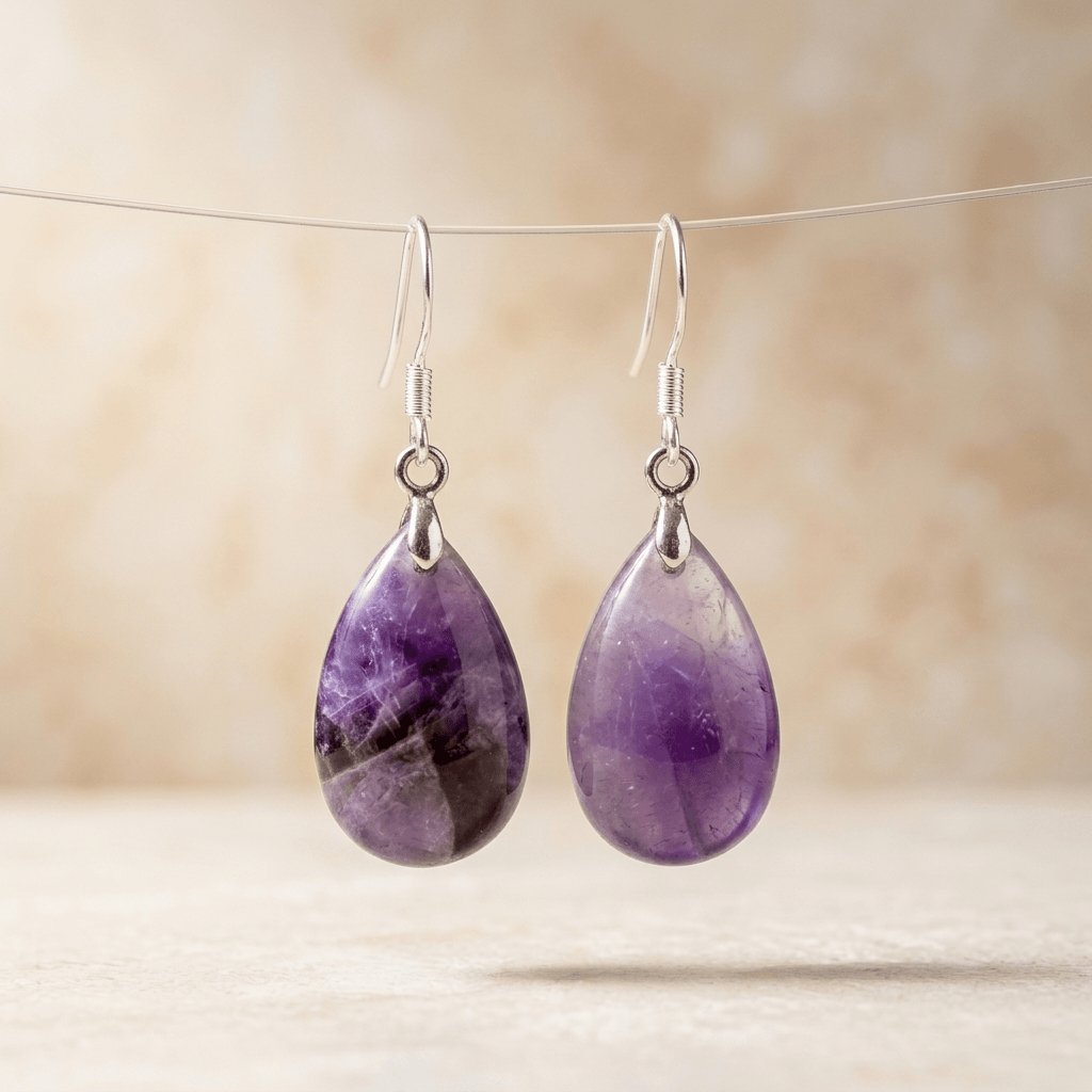 Natural Amethyst Silver Teardrop Drop Earrings