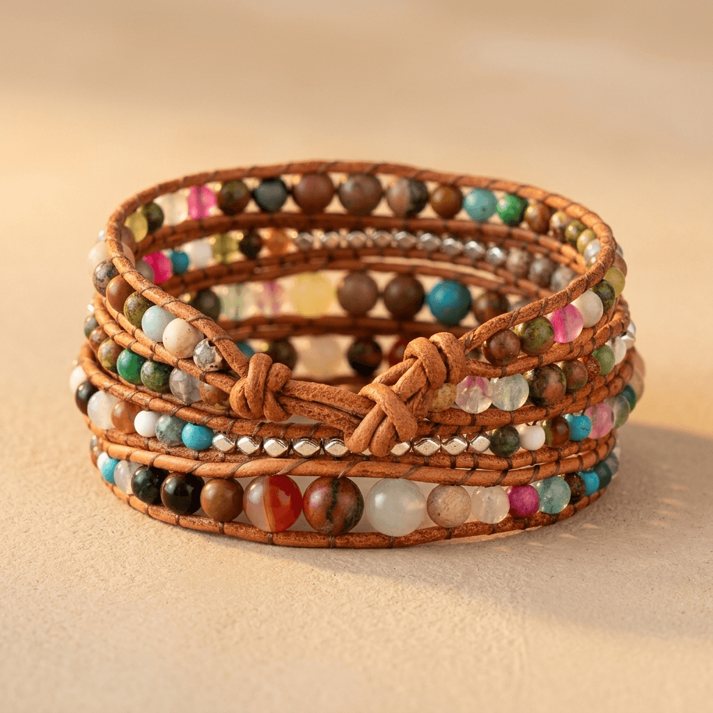 Handmade Natural Gemstone Leather Wrap Bracelet
