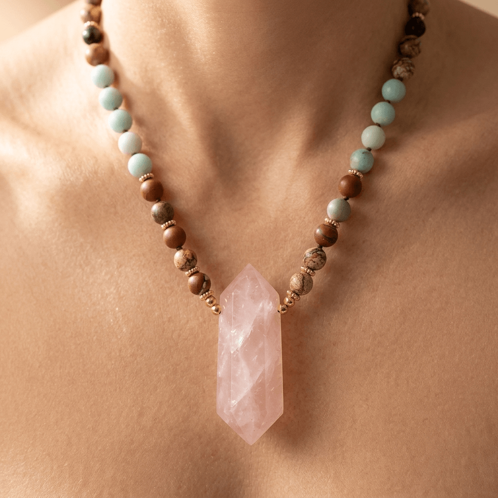 Amazonite Jasper Rose Quartz Point Necklace
