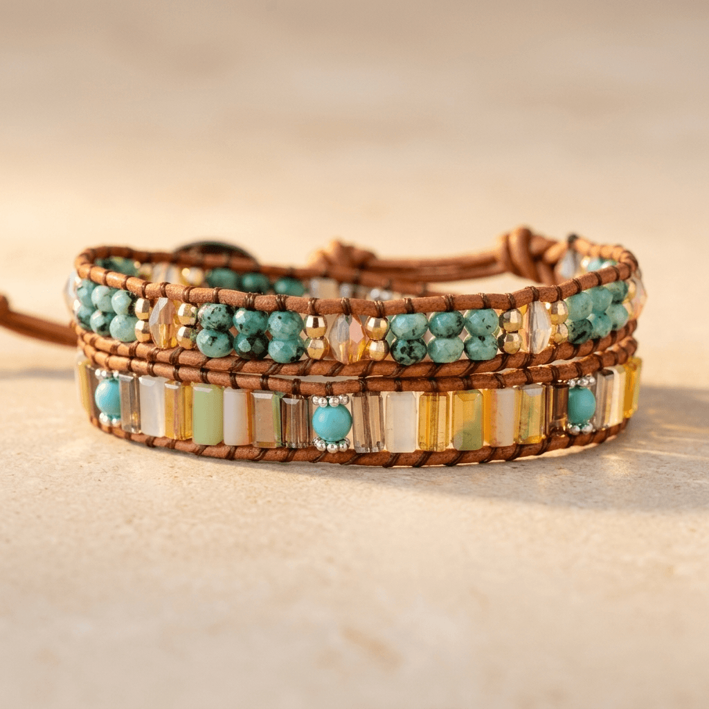 Natural Jade Beads Leather Wrap Bracelet