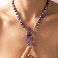 Purple Amethyst Gold Beaded Point Pendant Necklace