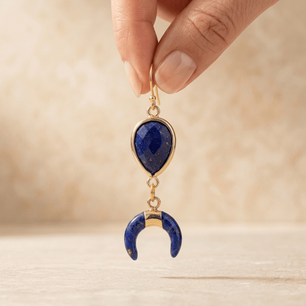 Natural Lapis Lazuli Gold Crescent Horn Earrings