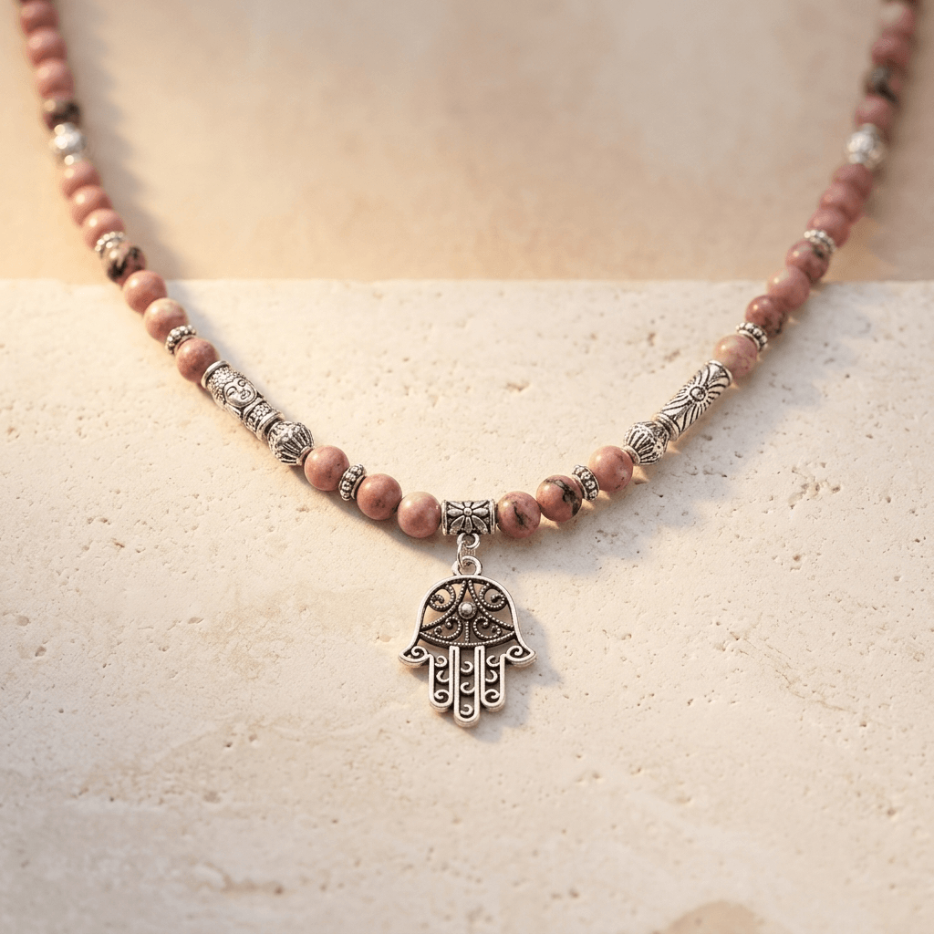 Pink Rhodonite Silver Hamsa Charm Mala Necklace