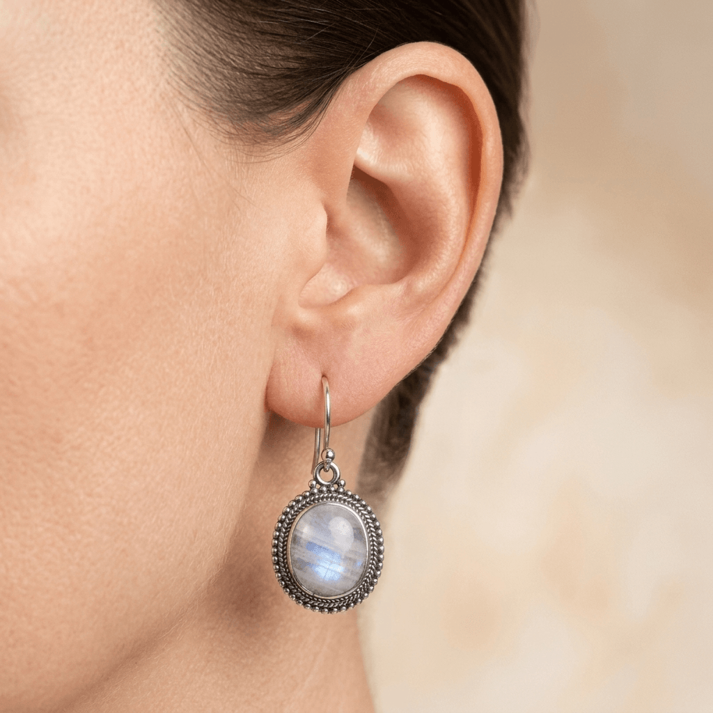Vintage Sterling Silver Moonstone Oval Earrings