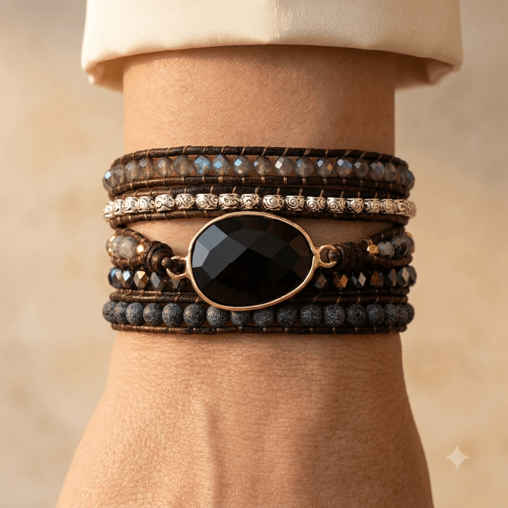 Black Onyx Gold Oval Wrap Bracelet