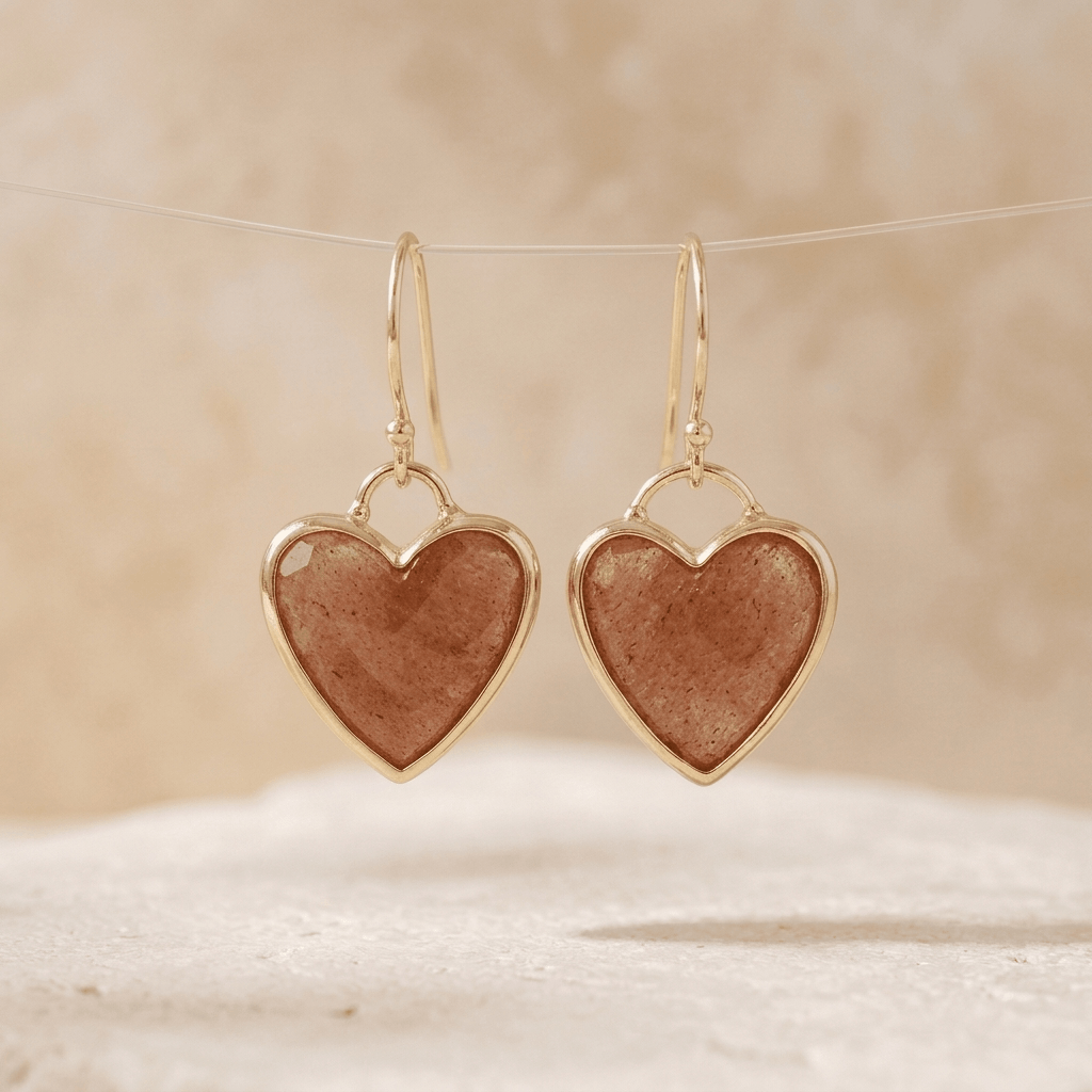 Strawberry Quartz Gold Heart Drop Earrings