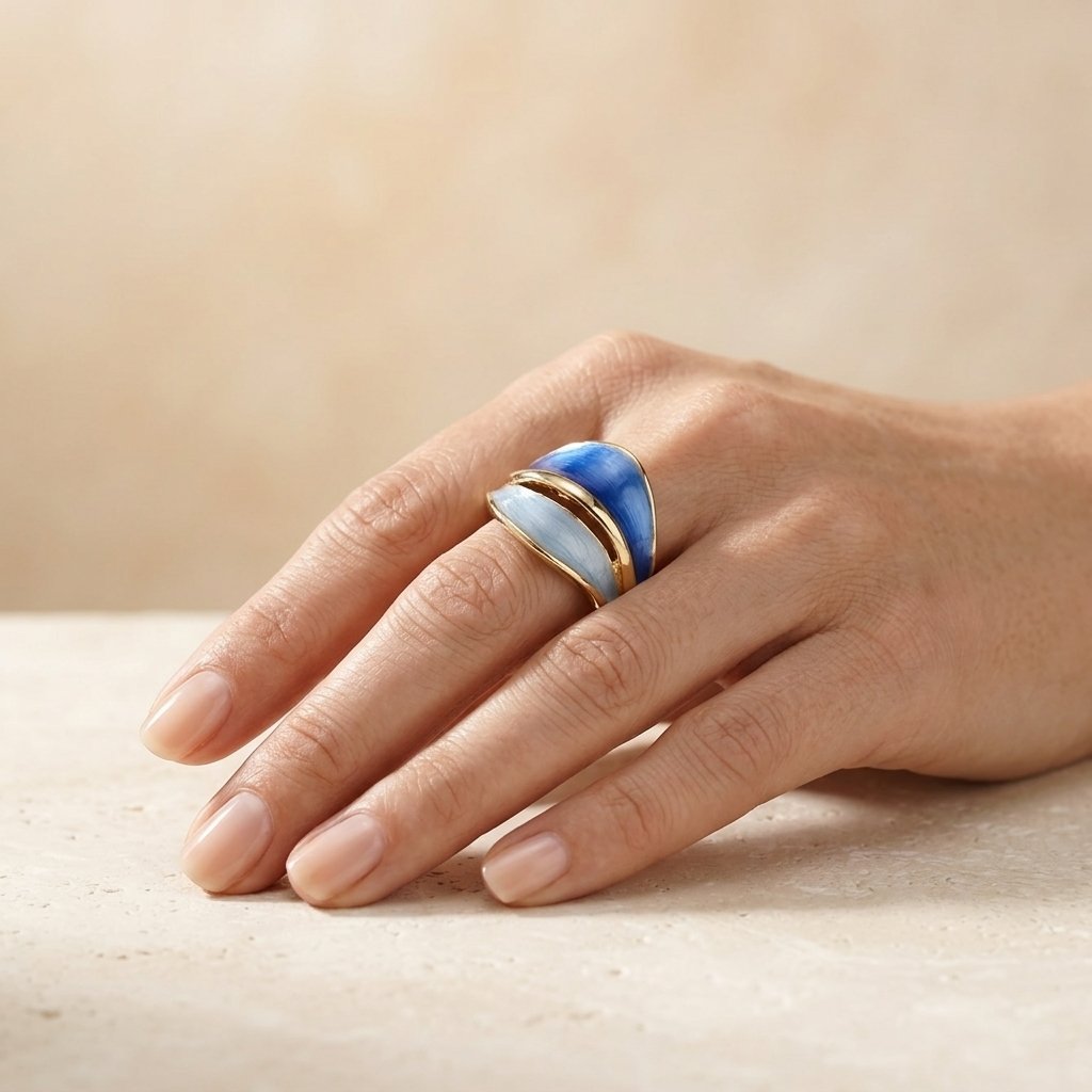 Gold Blue Enamel Layered Wave Ring