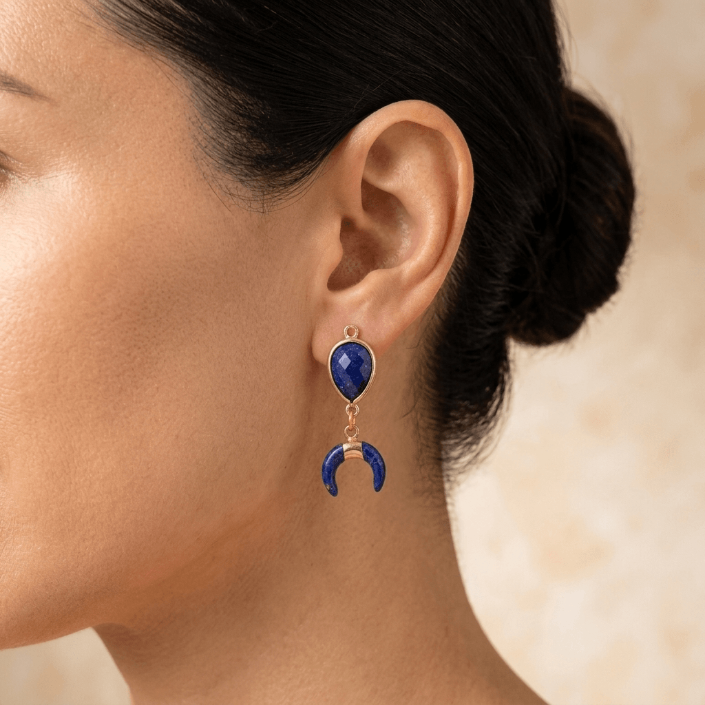 Natural Lapis Lazuli Gold Crescent Horn Earrings