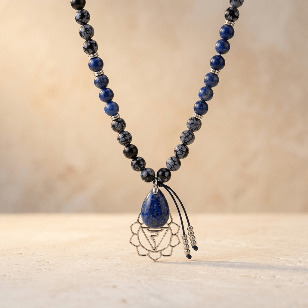 Snowflake Obsidian Lapis Lazuli Lotus Pendant Necklace
