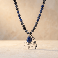 Snowflake Obsidian Lapis Lazuli Lotus Pendant Necklace