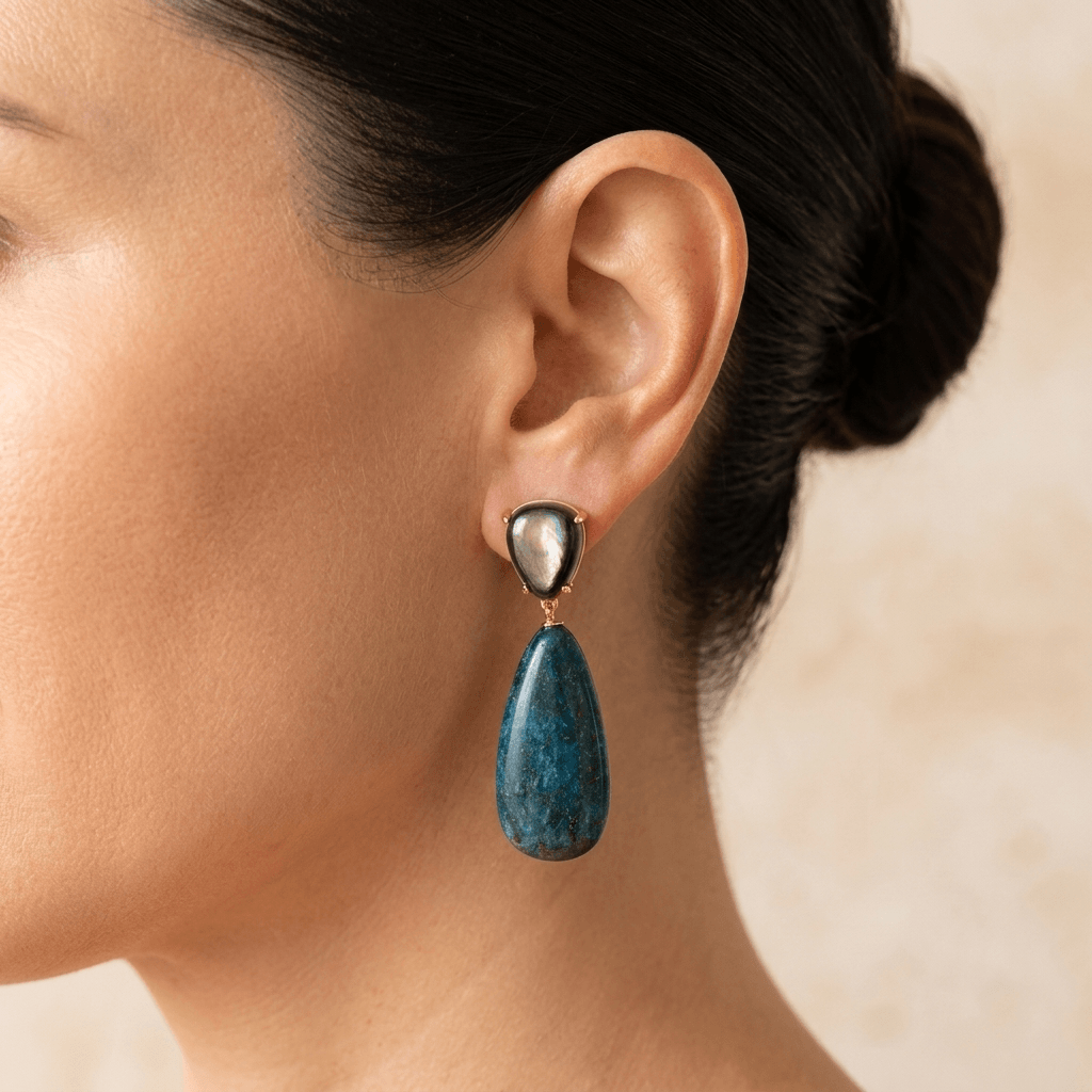 Blue Apatite Shell Pearl Gold Drop Earrings