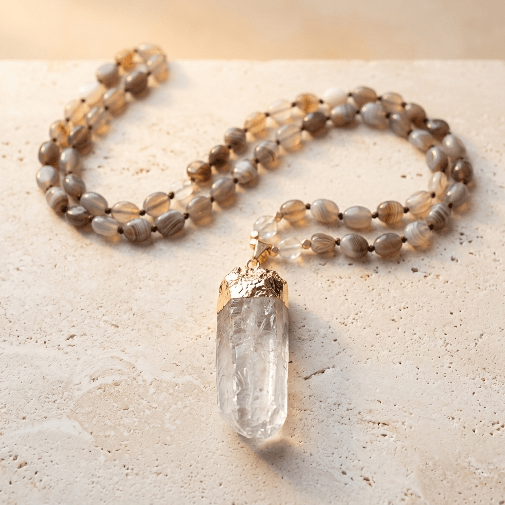 Natural Agate Gold Quartz Point Necklace