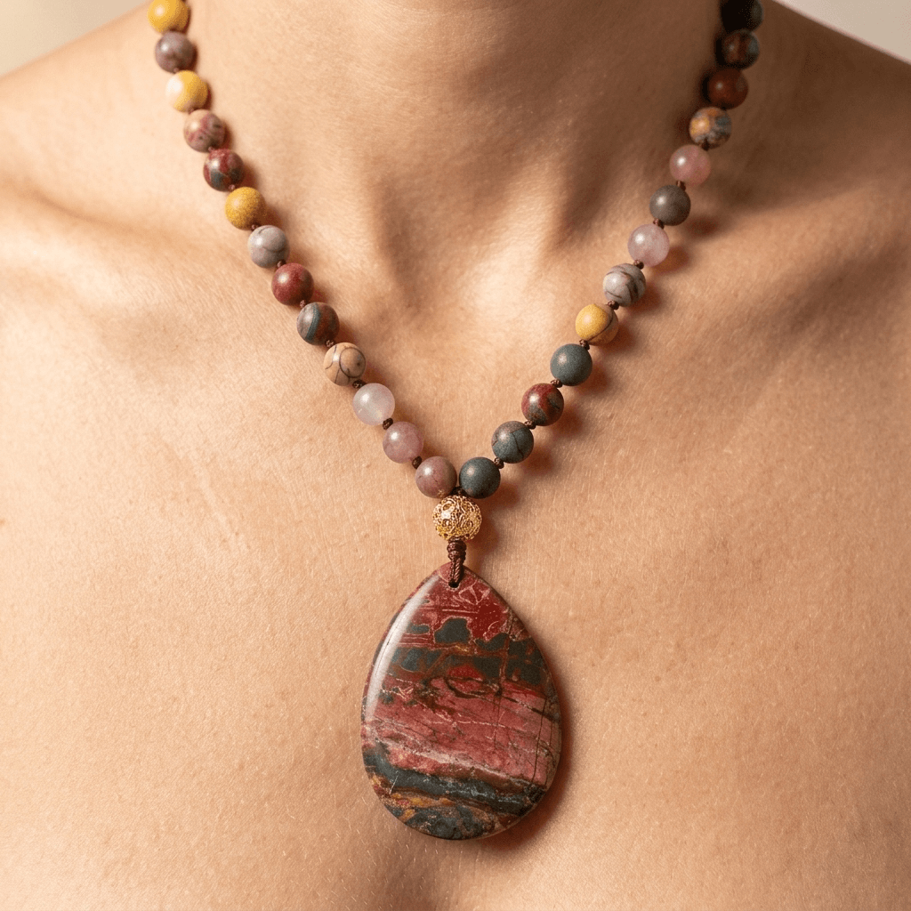 Natural Red Jasper Teardrop Pendant Beaded Necklace