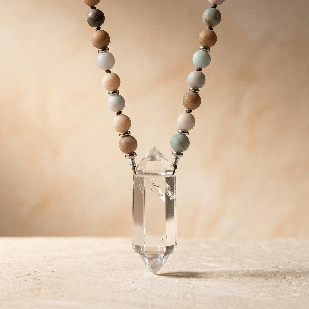Natural Amazonite Clear Quartz Crystal Pendant Necklace