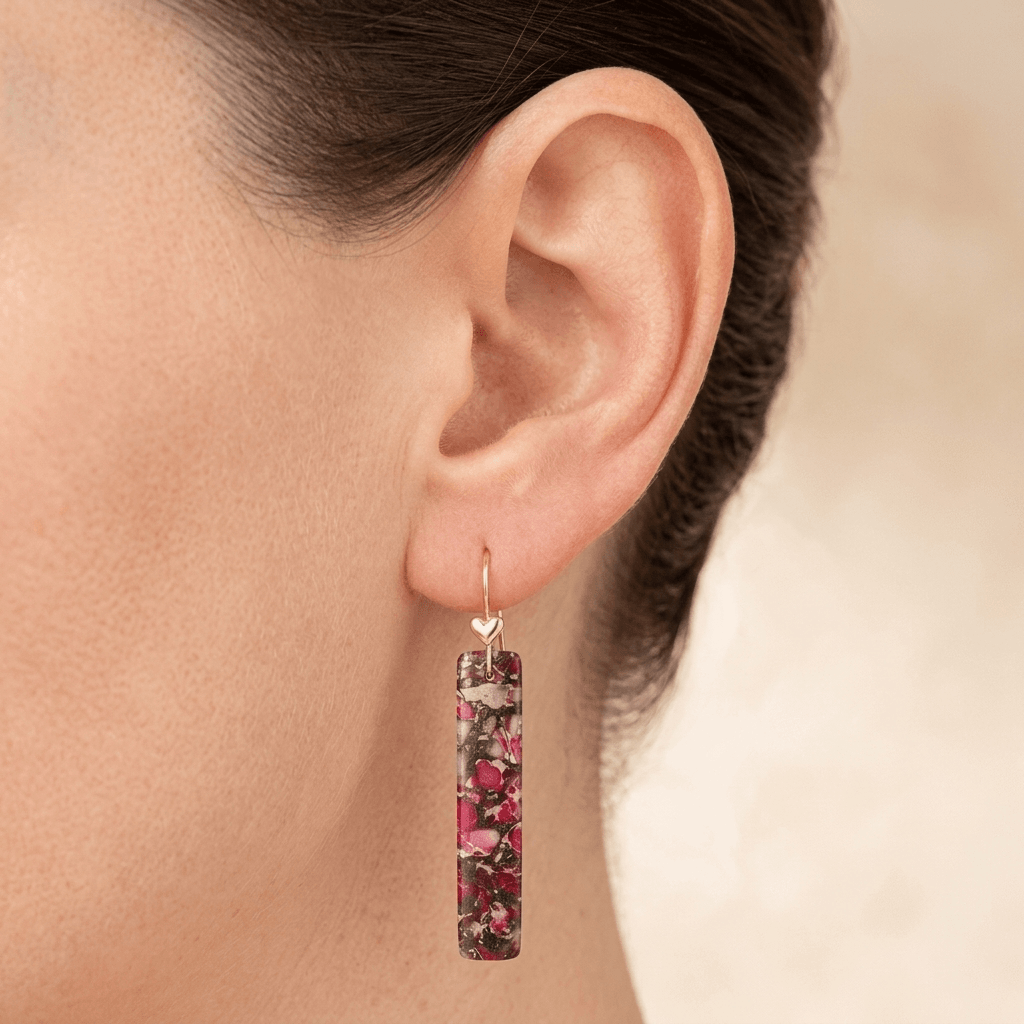 Pink Red Jasper Gold Heart Drop Earrings