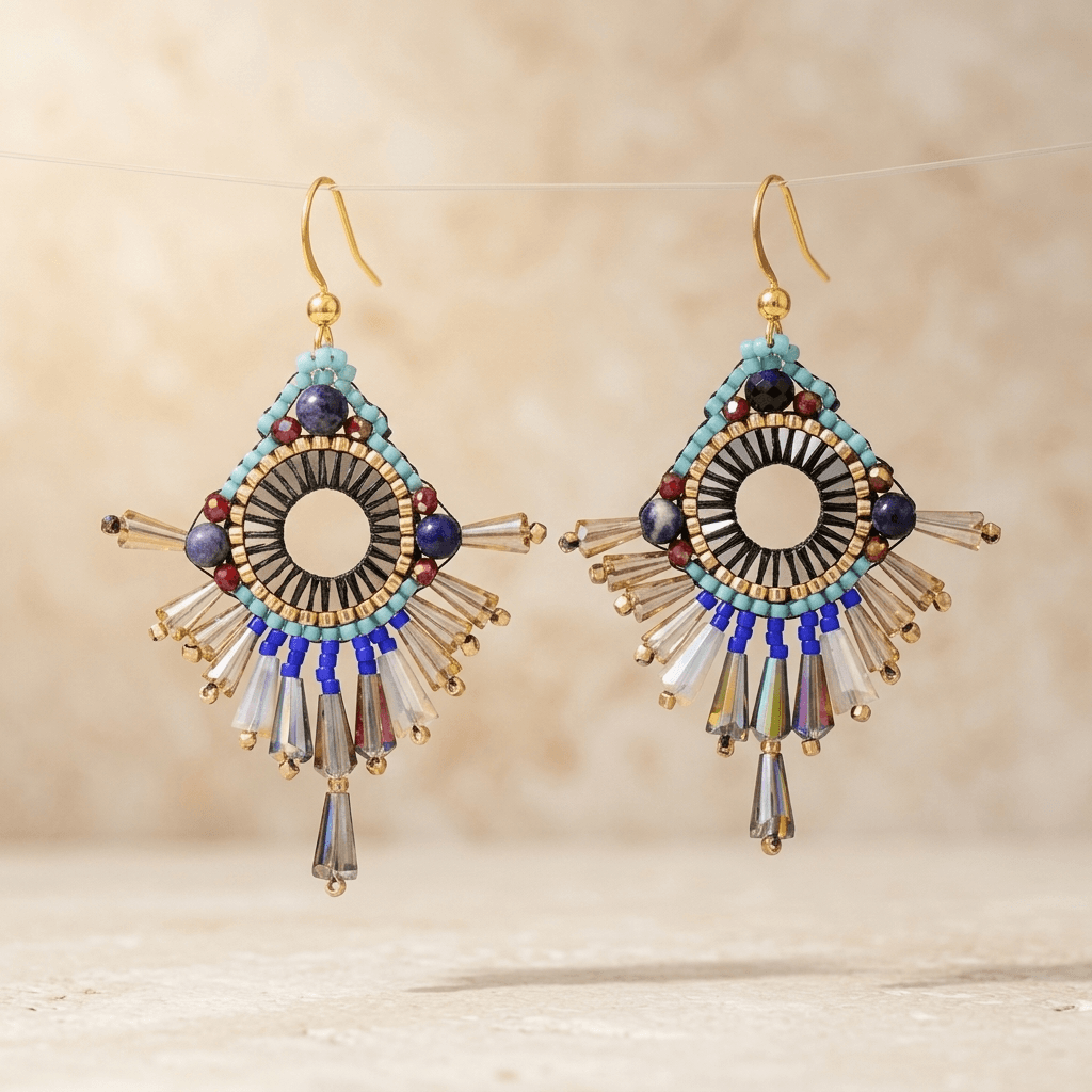 Ethnic Gold Crystal Beaded Dangle Earrings