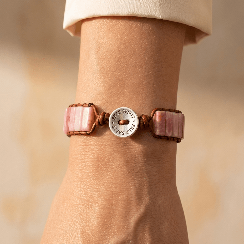 Pink Opal Stone Silver Charm Leather Wrap Bracelet