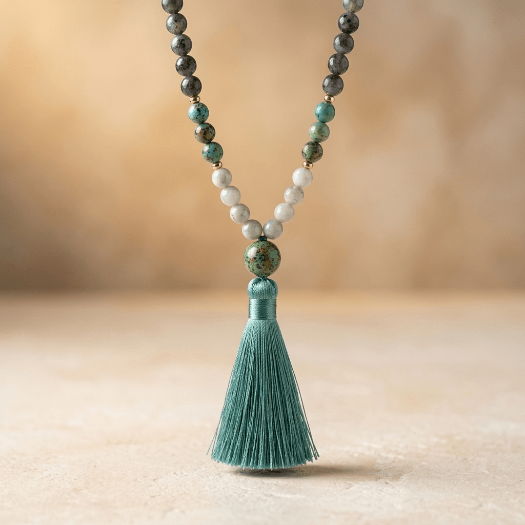 Boho Turquoise Labradorite Tassel Mala Necklace