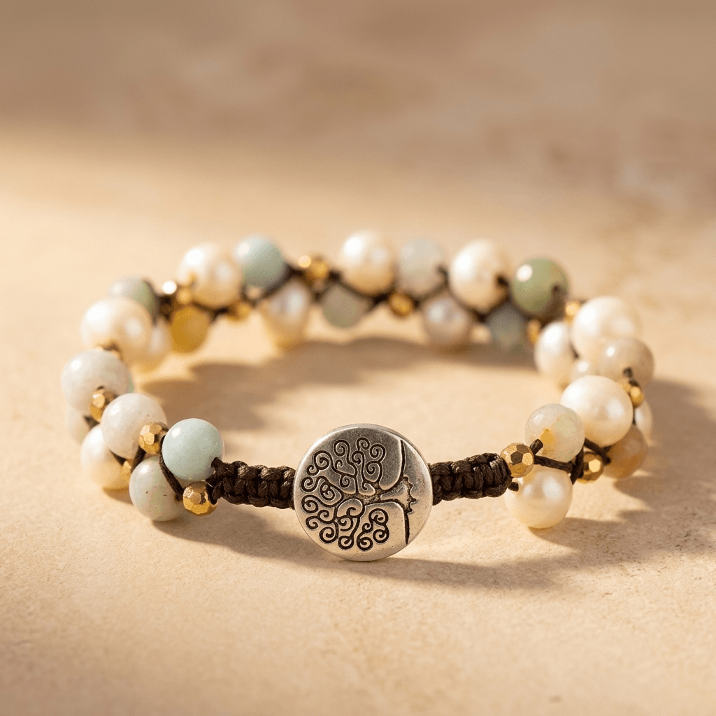 Natural Pearl Amazonite Silver Tree Bracelet