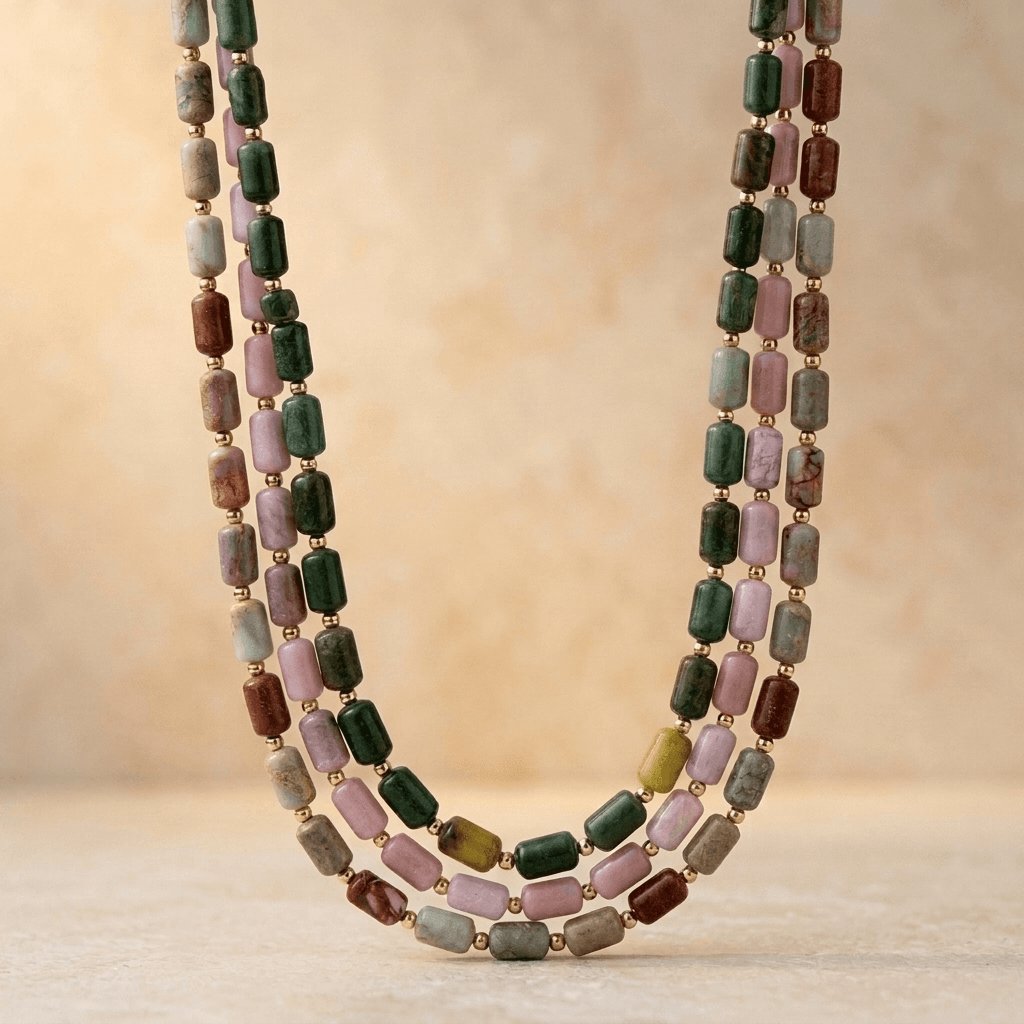 Multi Gemstone Barrel Beads Gold Layered Necklace