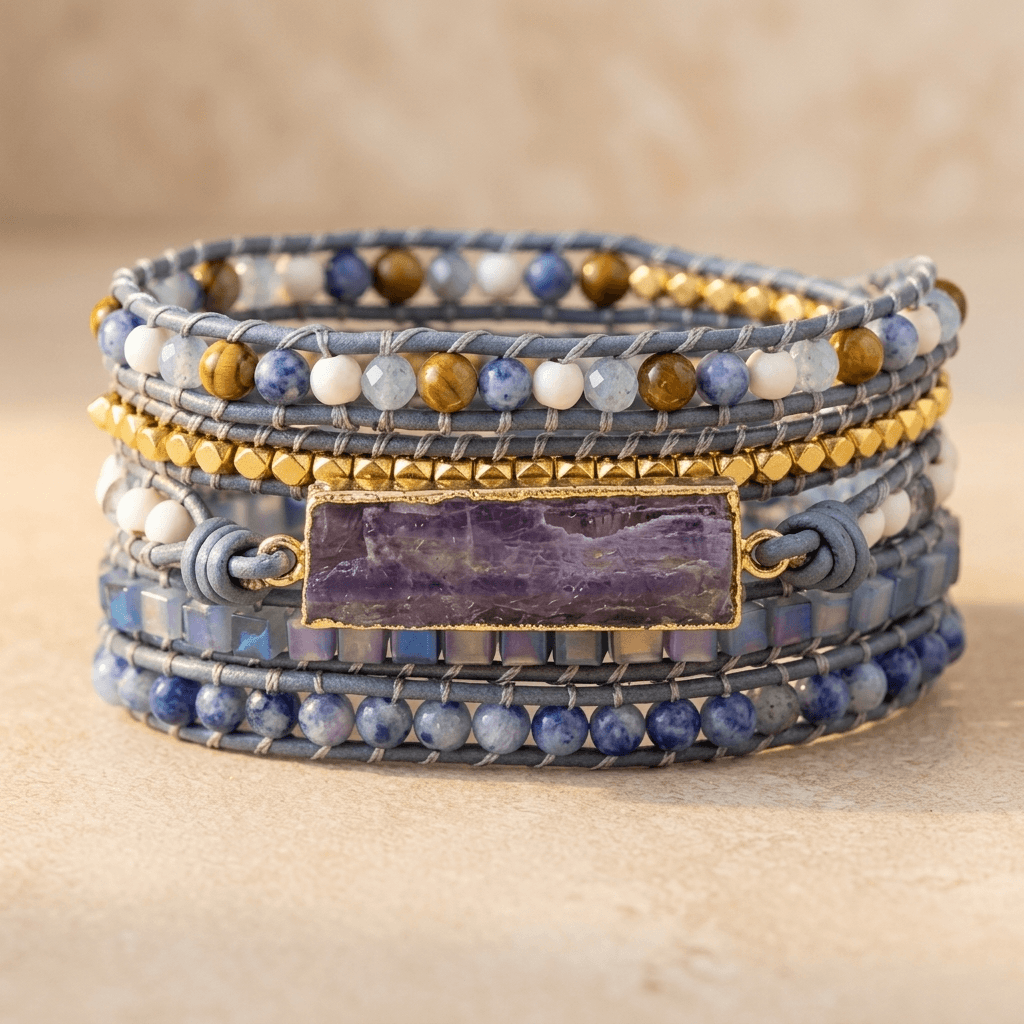 Handmade Sodalite Gold Leather Wrap Bracelet